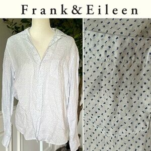 FRANK & EILEEN EILEEN Relaxed Button-Up Shirt Logo Print sz S White & Blue NWT